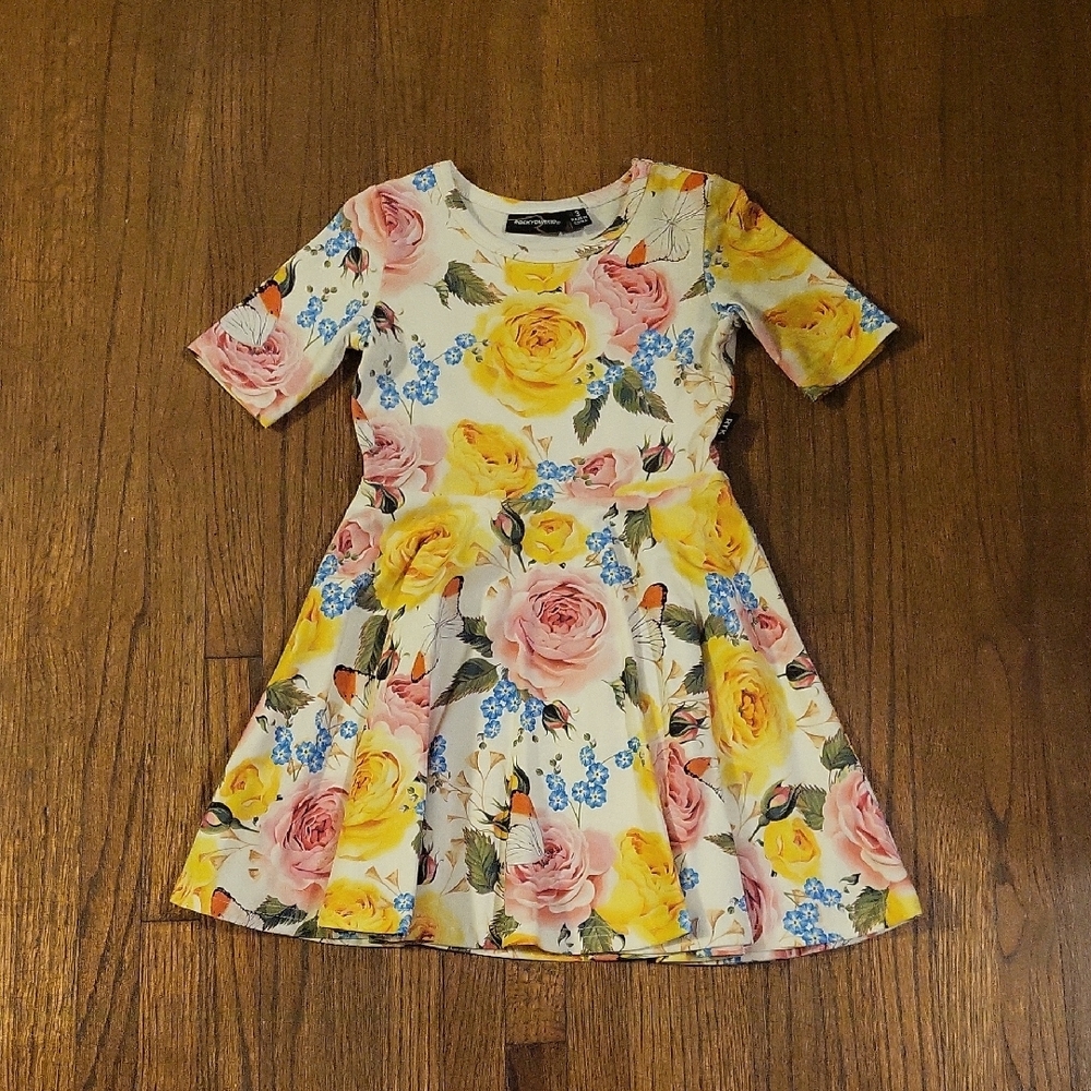 Pink and Yellow Fit and Flare Dress with Crew Neck